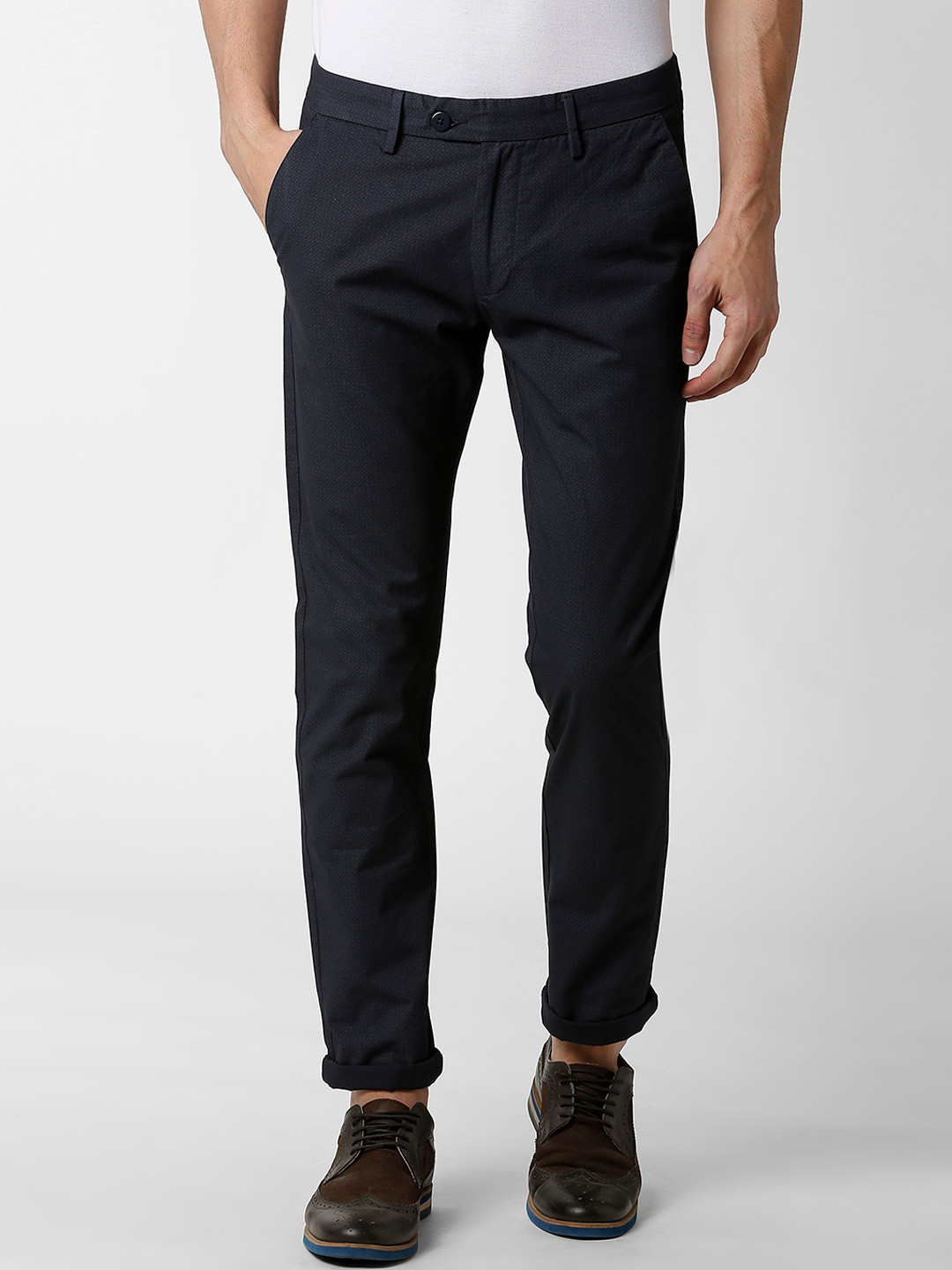 Buy Peter England Casuals Men Blue Slim Fit Solid Regular Trousers ...