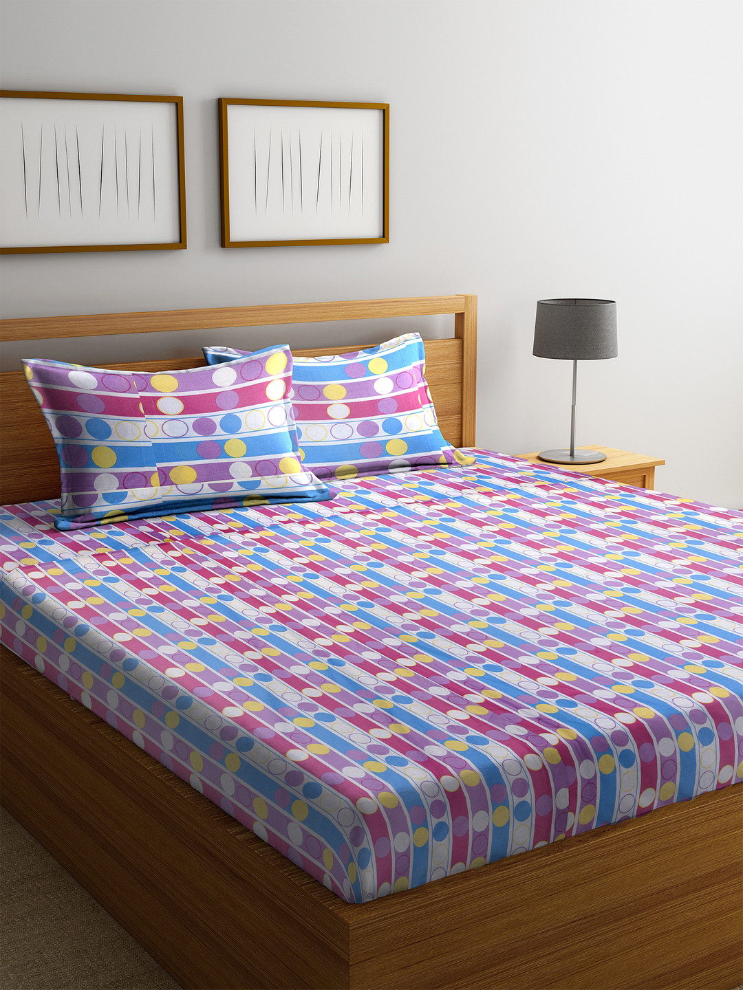 Buy BOMBAY DYEING Blue Geometric 104 TC Cotton 1 Queen Bedsheet With 2
