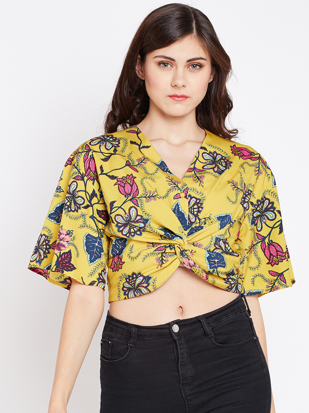 Buy Oxolloxo Women Yellow & Blue Floral Printed Wrap Crop Top Tops