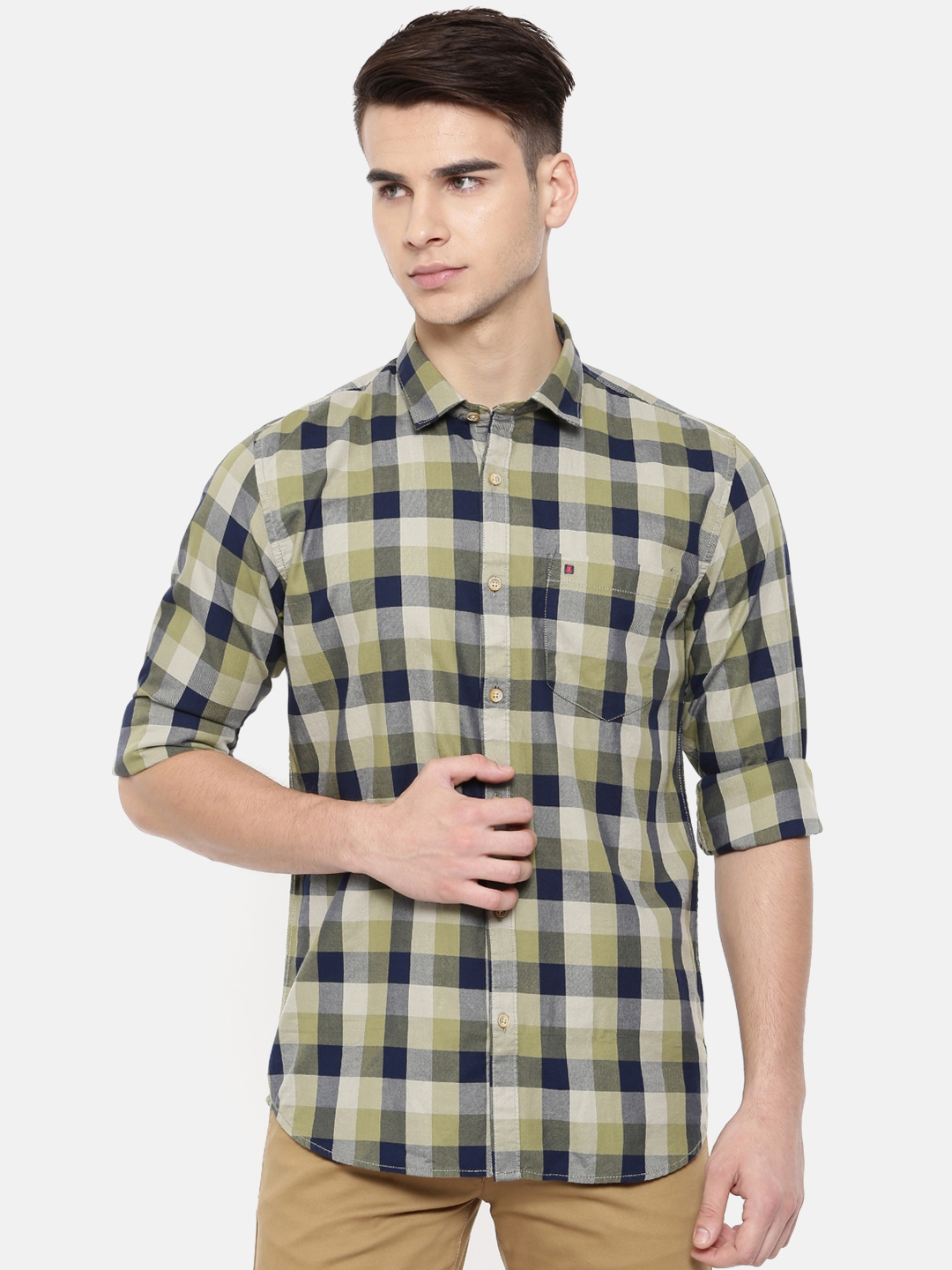Buy COOL COLORS Men Green & Navy Blue Slim Fit Checked Casual Shirt ...