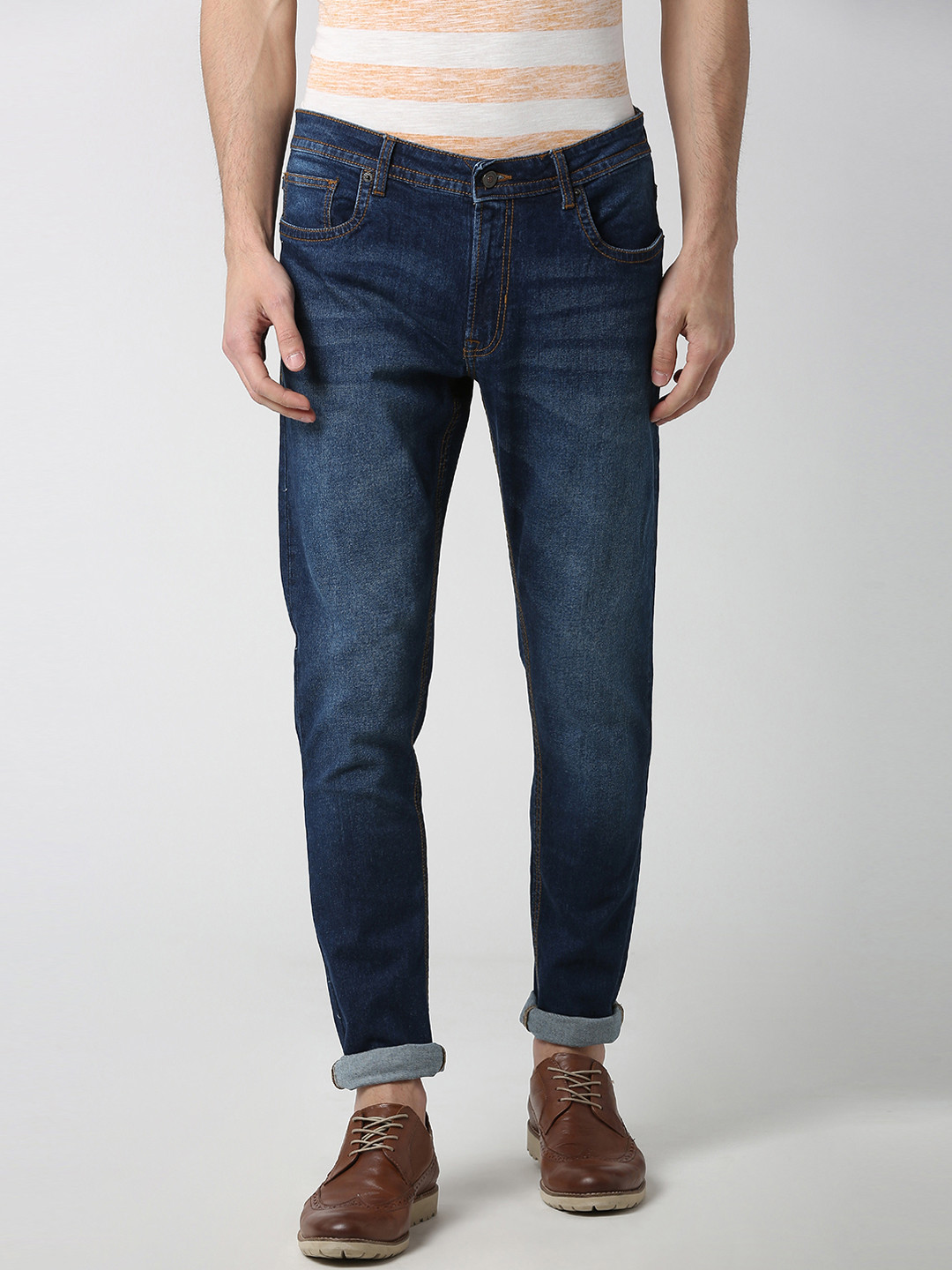 Buy Peter England Casuals Men Blue Slim Fit Mid Rise Clean Look