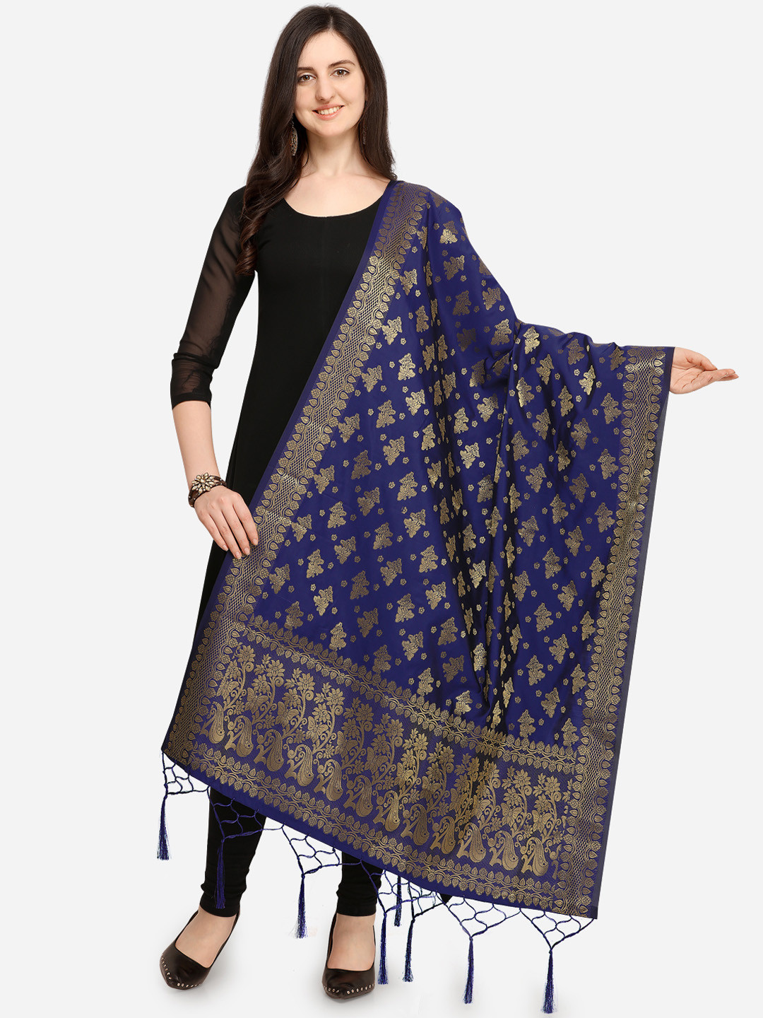 Navy Blue & Gold Coloured Woven Design Dupatta main image 1