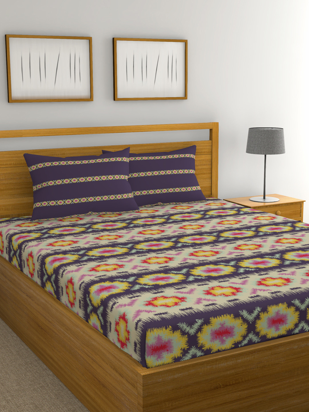 Buy Trident Multicoloured Abstract Print 144 TC Cotton 1 King Bedsheet With 2 Pillow Covers