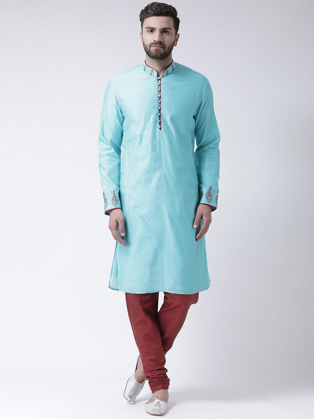 Men'S Teal Blue & White Embroidered Straight Kurtas