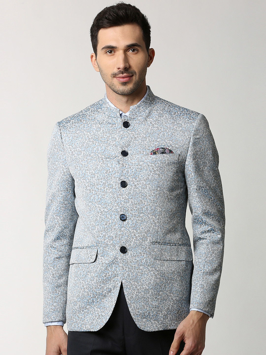 Buy Peter England Elite Men Blue Self Design Slim Fit Bandhgala Blazer