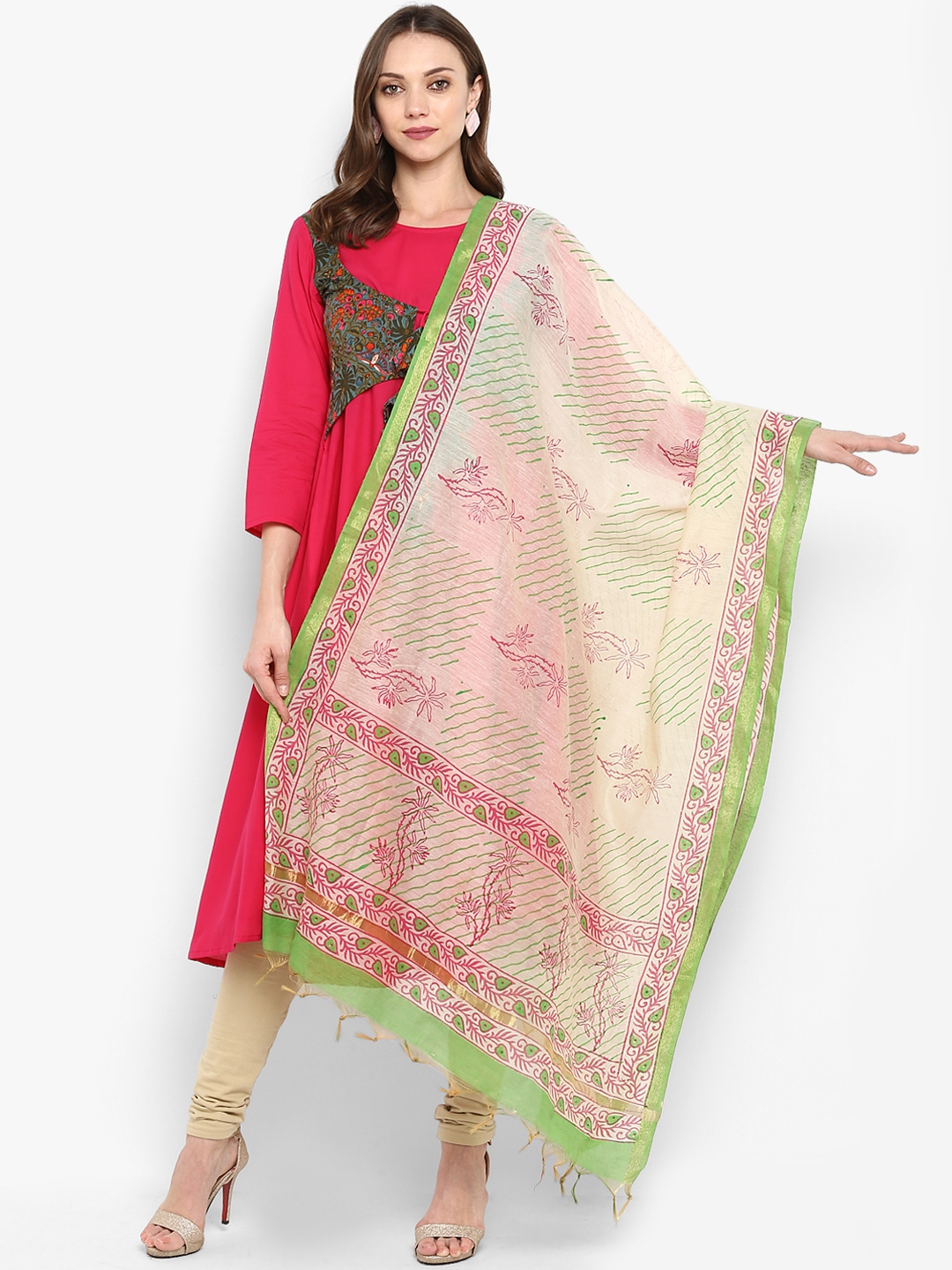 Buy Meeranshi Pink & Green Printed Dupatta Dupatta for Women 9180613