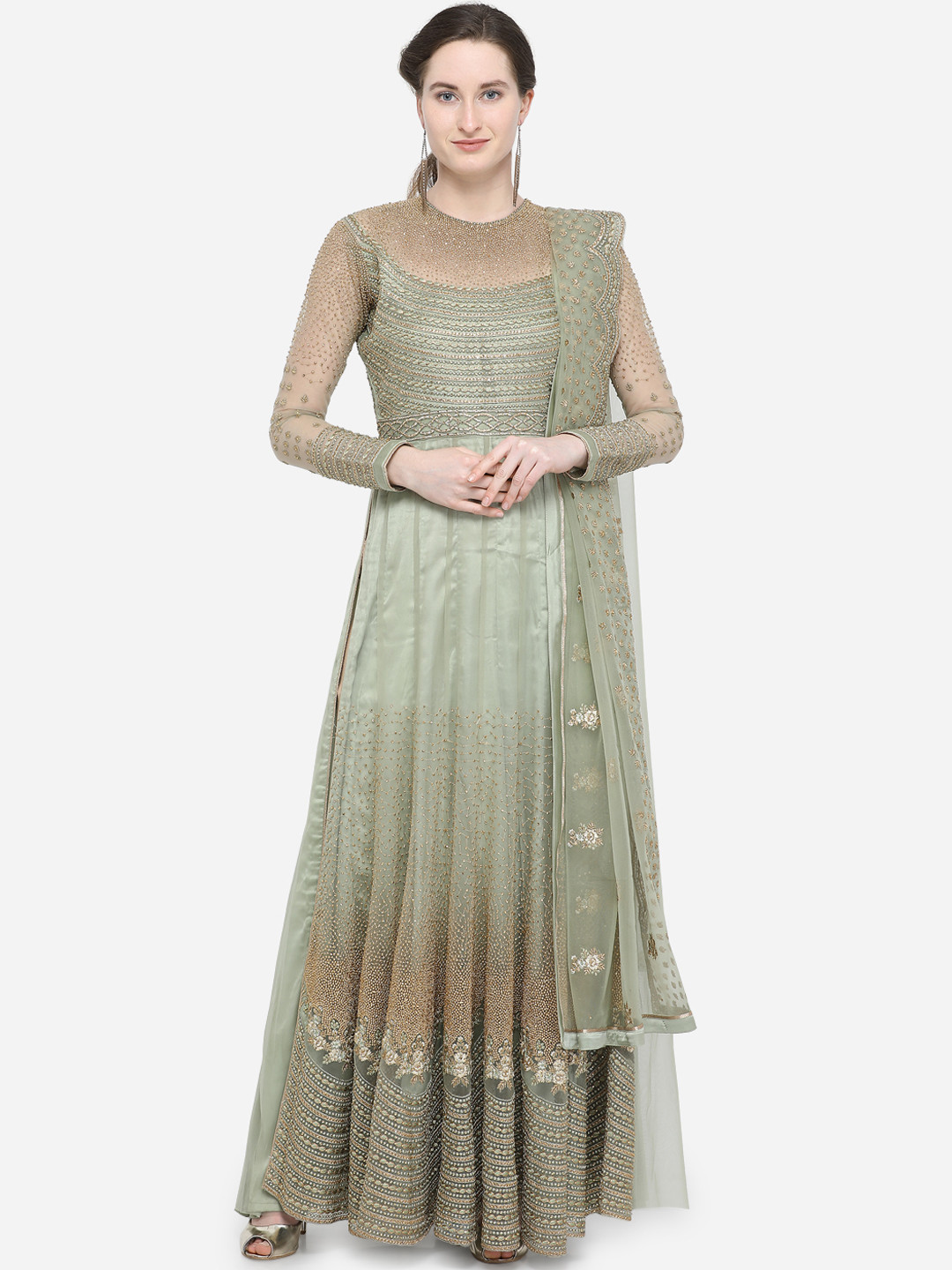 Buy Stylee LIFESTYLE Green Net Semi Stitched Dress Material Dress
