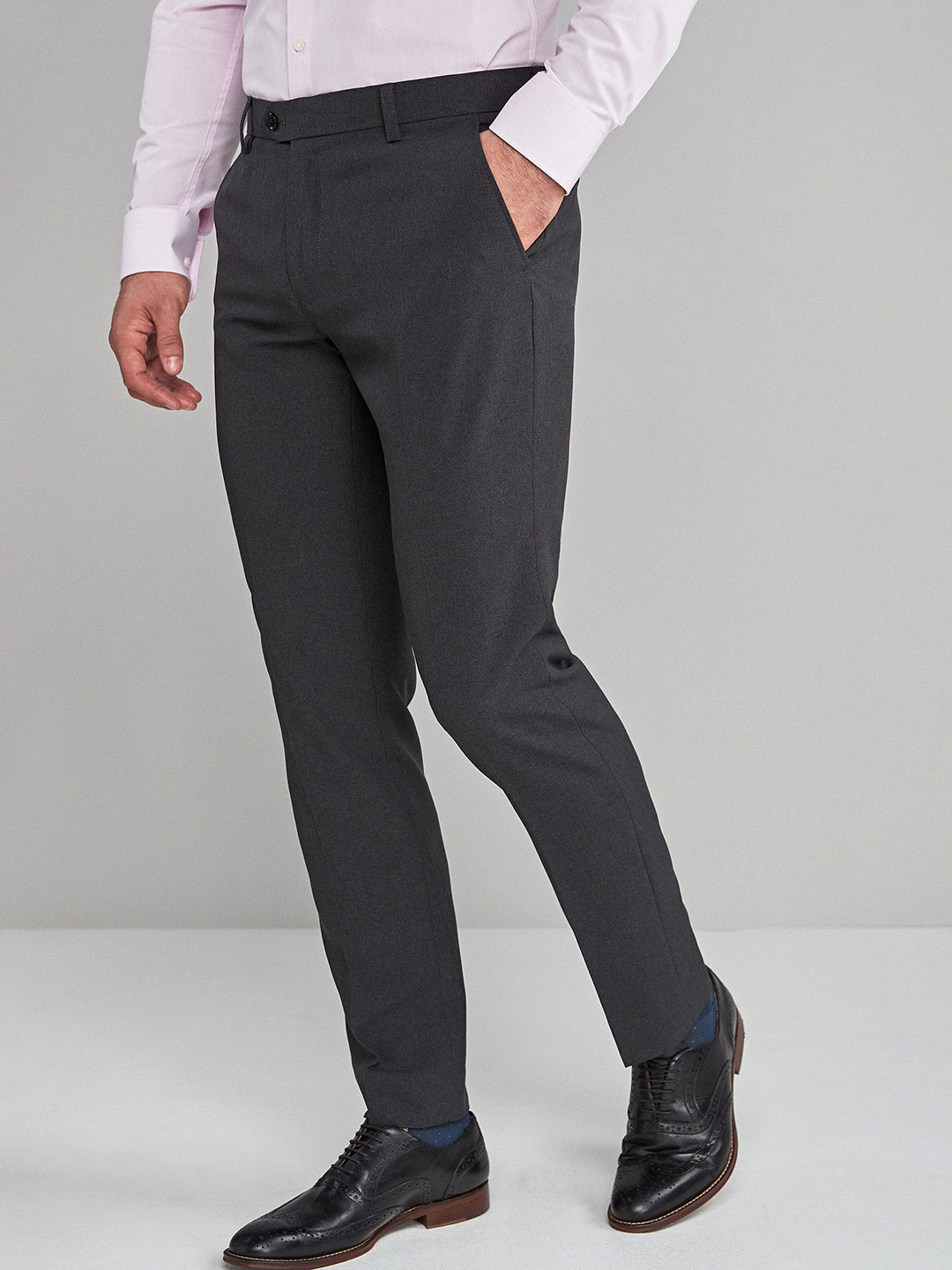 Buy Next Men Charcoal Grey Slim Fit Self Design Formal Trousers