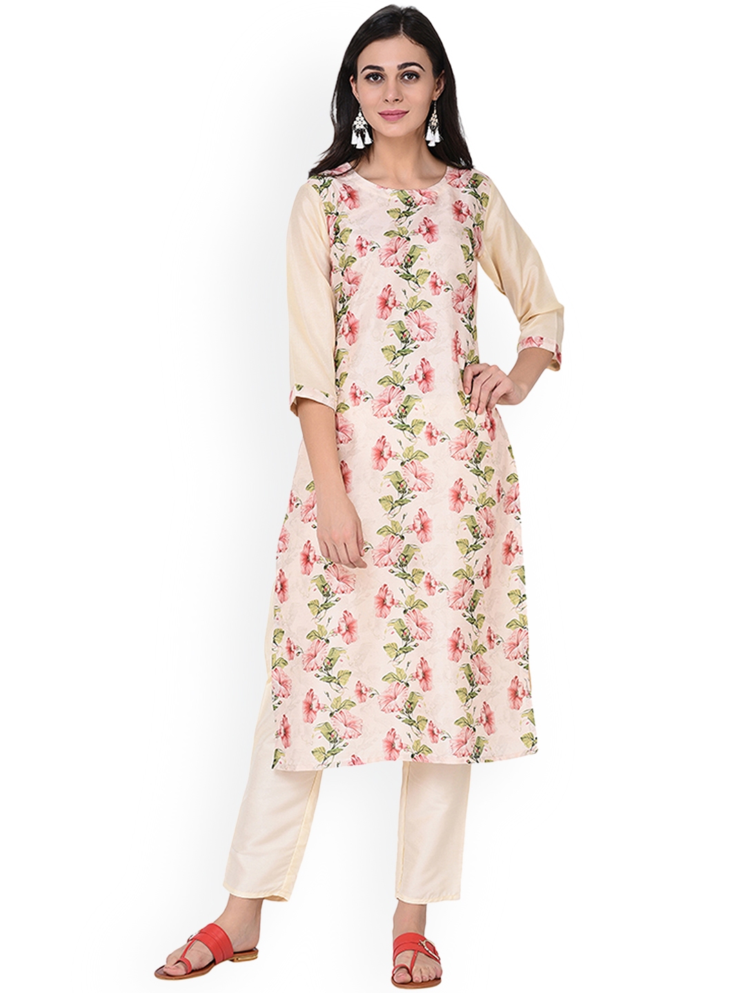 Buy ZIYAA Women Cream Coloured Printed Straight Kurta ...