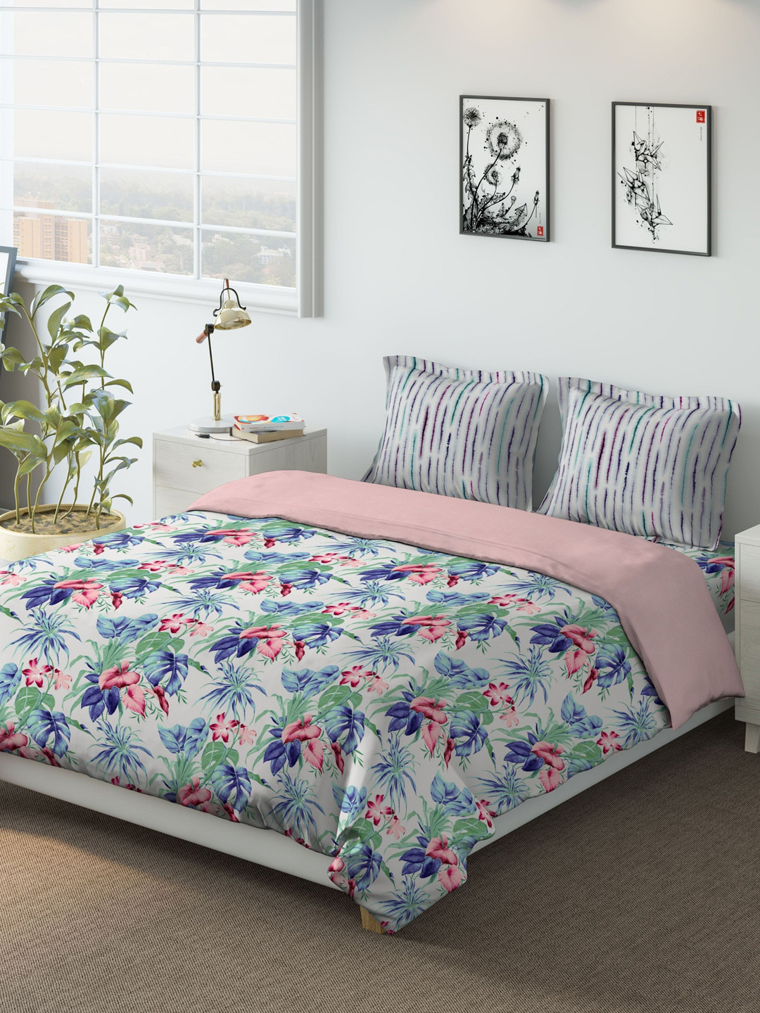 Buy DDecor Green & Pink 180TC Printed Bedding Set With Duvet Cover