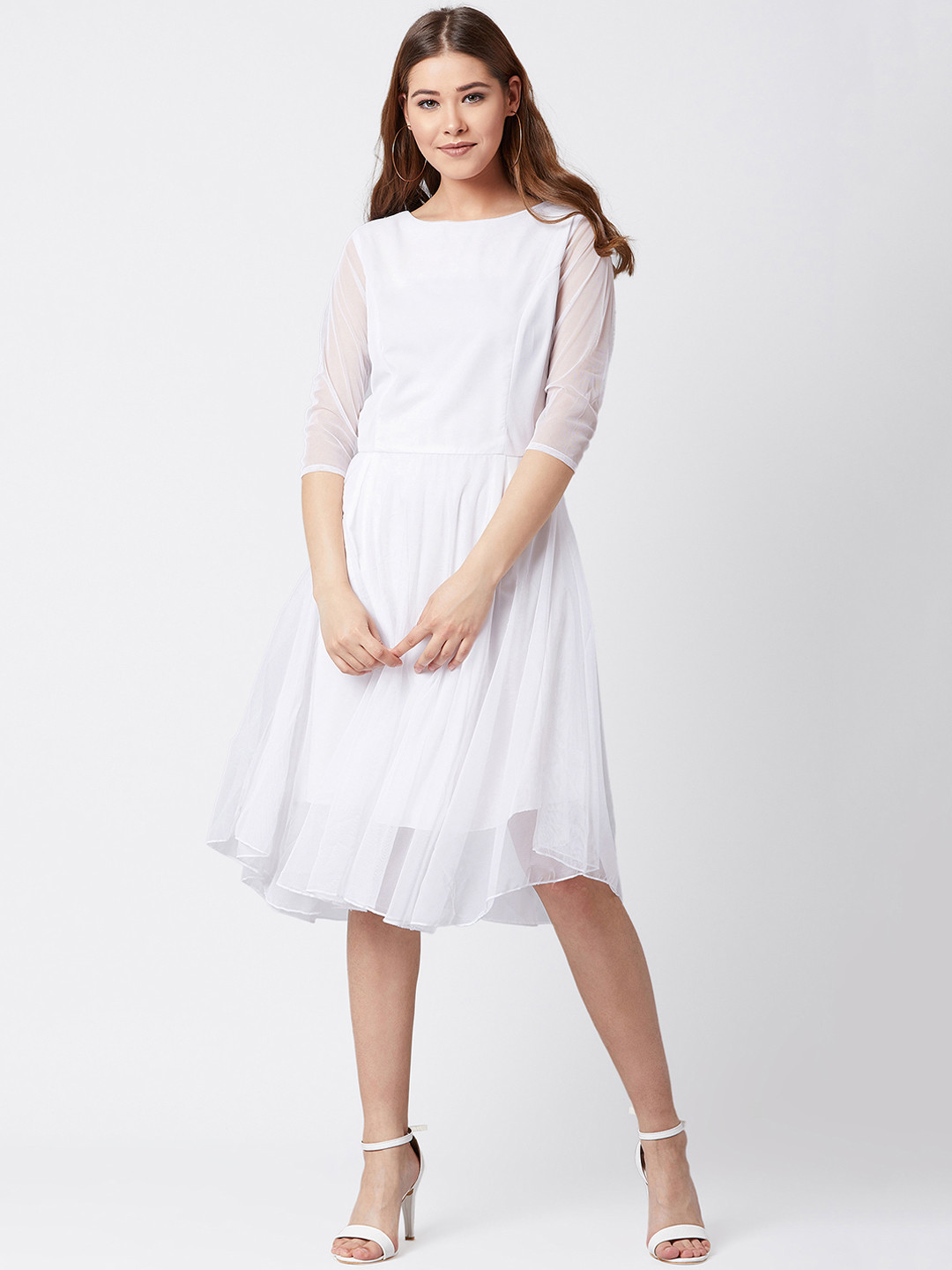 Women's Solid Off White Fit and Flare Dress