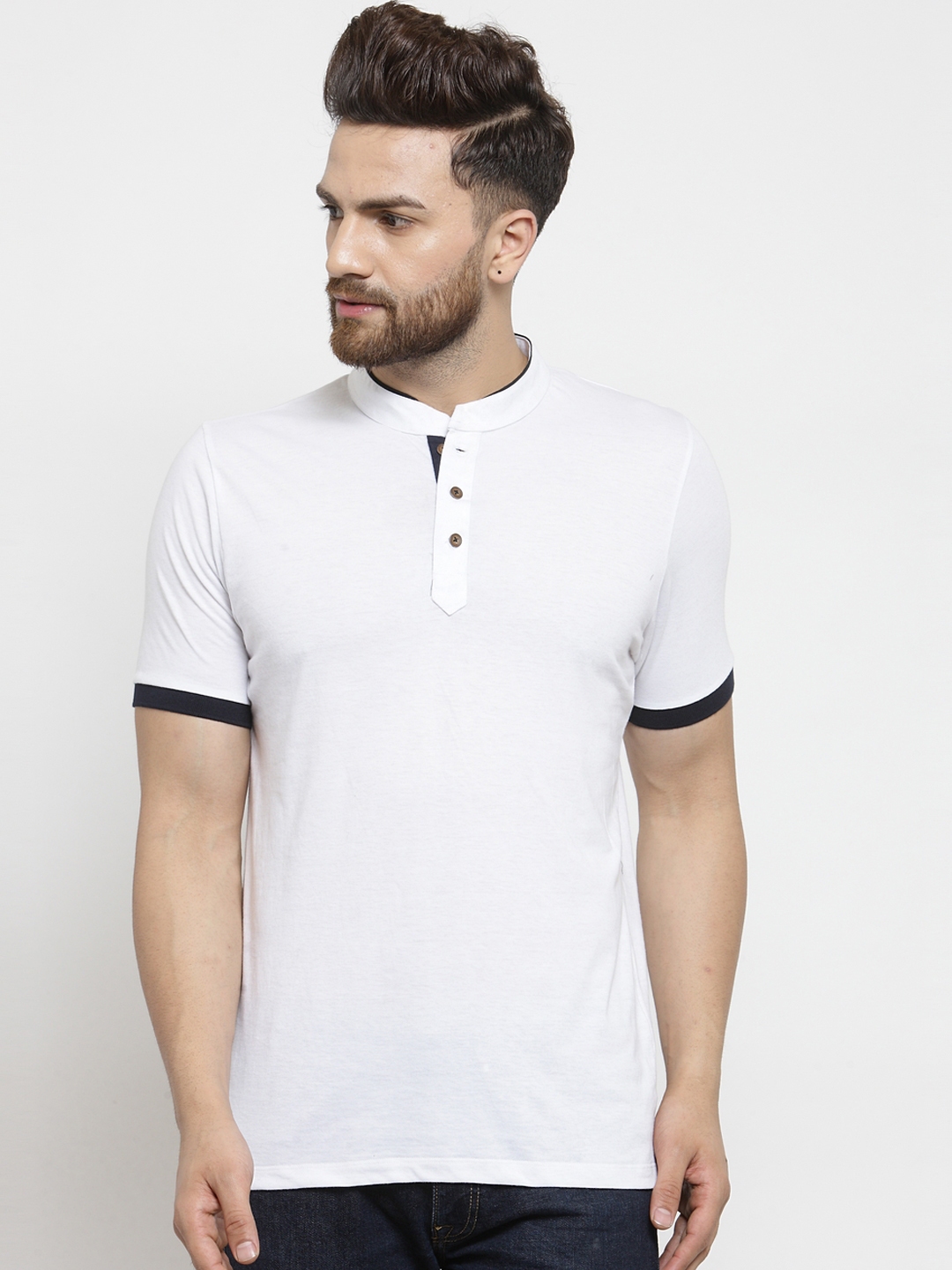 Buy Kalt Men White Solid Mandarin Collar T Shirt - Tshirts for Men ...