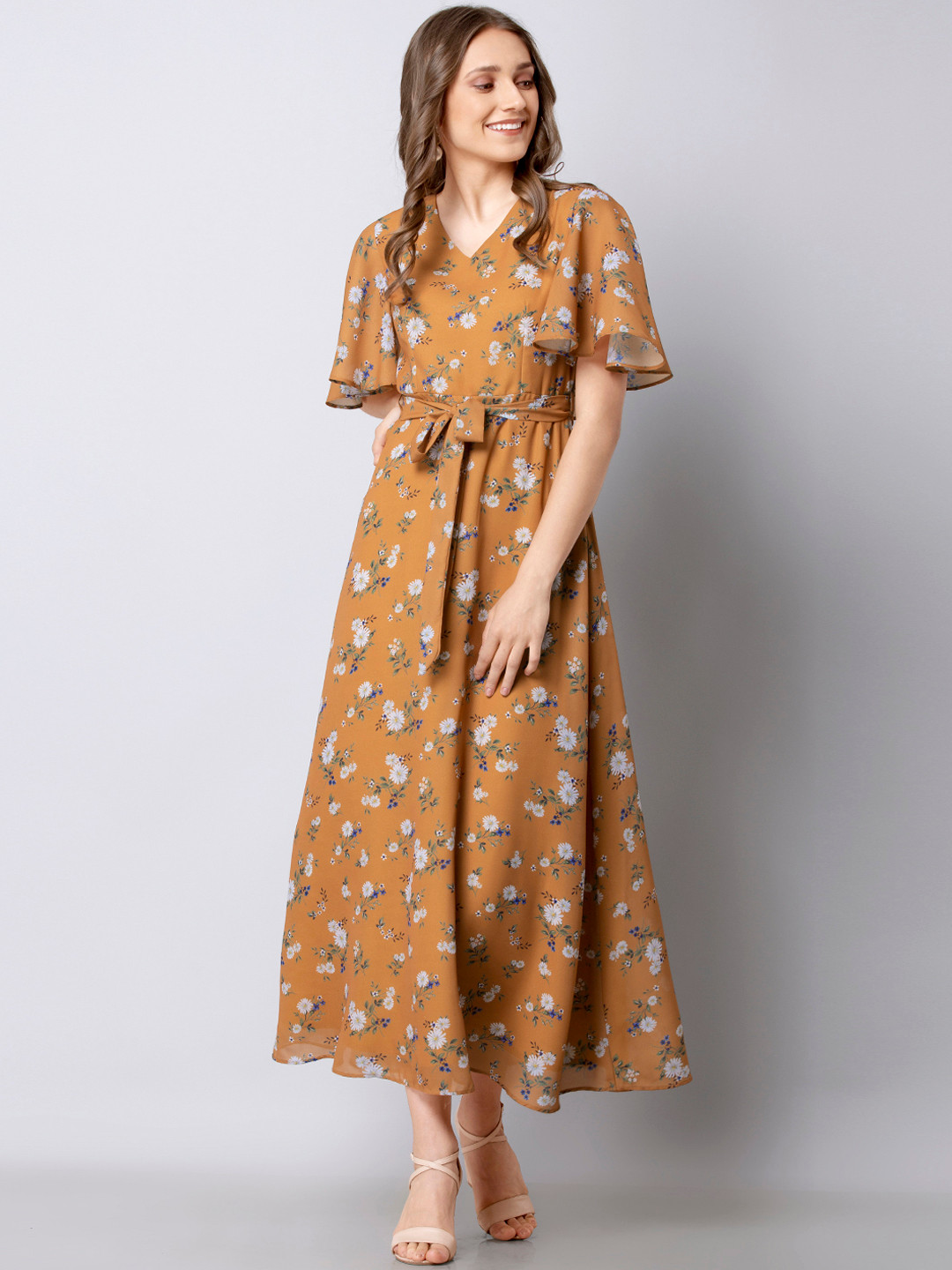 Buy FabAlley Women Mustard Yellow Floral Printed Fit And Flare Dress