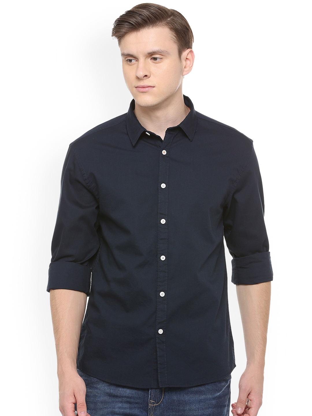 Buy People Men Navy Blue Regular Fit Solid Casual Shirt - Shirts for ...