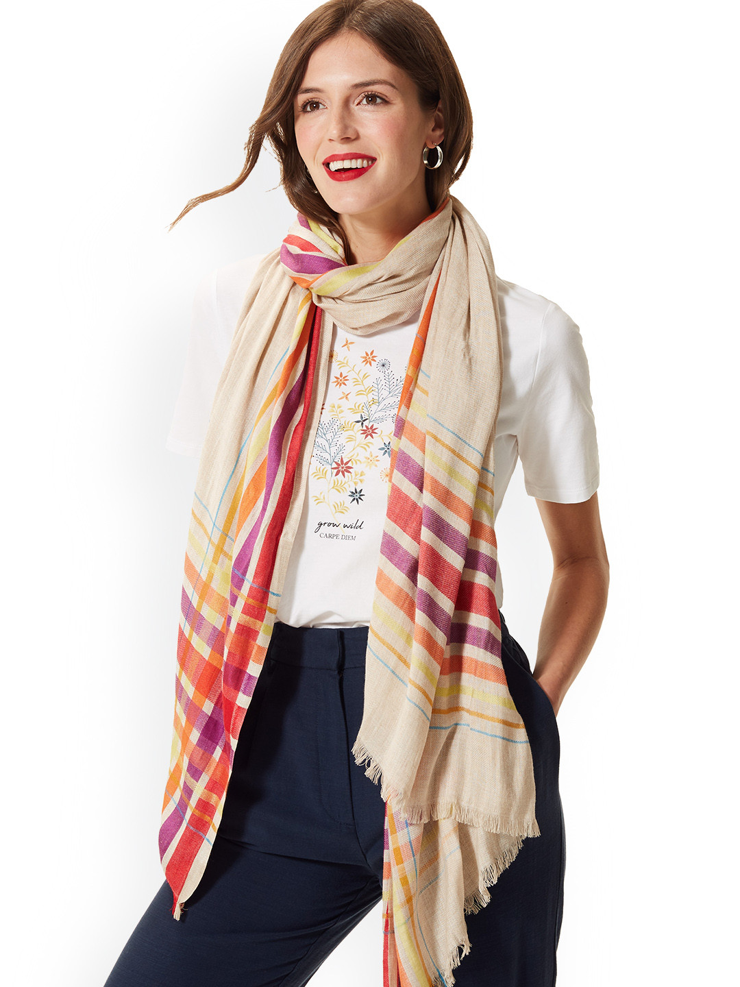 Buy Marks & Spencer Beige & Red Striped Scarf Scarves for Women
