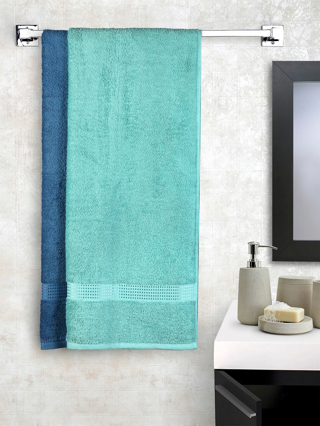 Buy SPACES Set Of 2 Navy Blue & Teal Blue 450GSM Bath Towels Towel