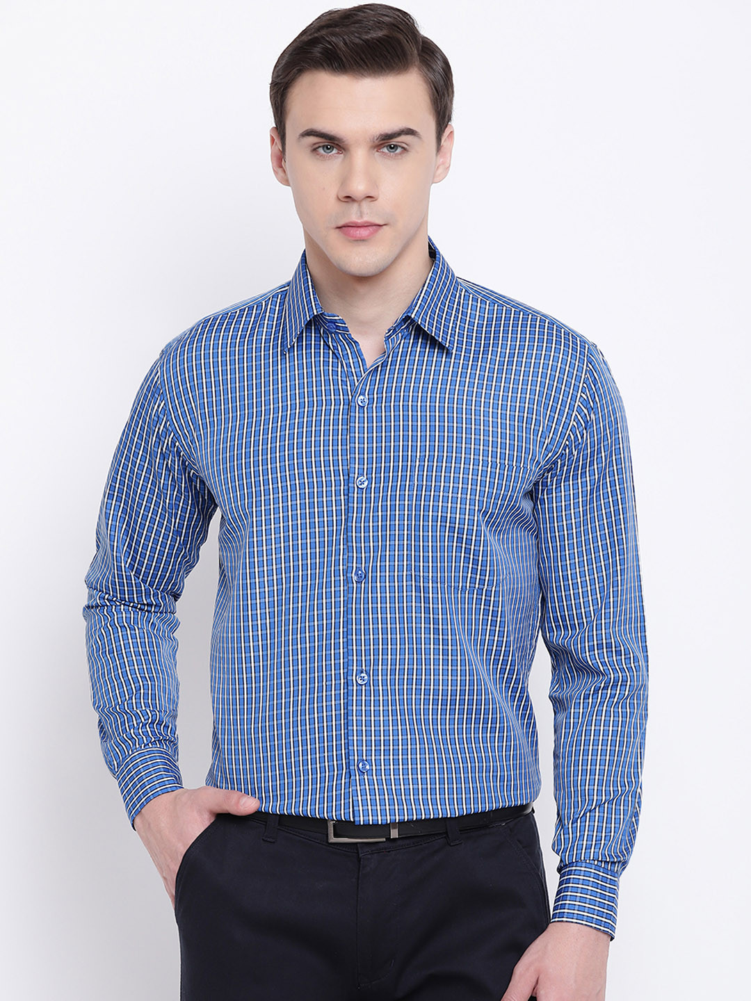 Buy English Navy Men Blue Slim Fit Checked Formal Shirt Shirts for