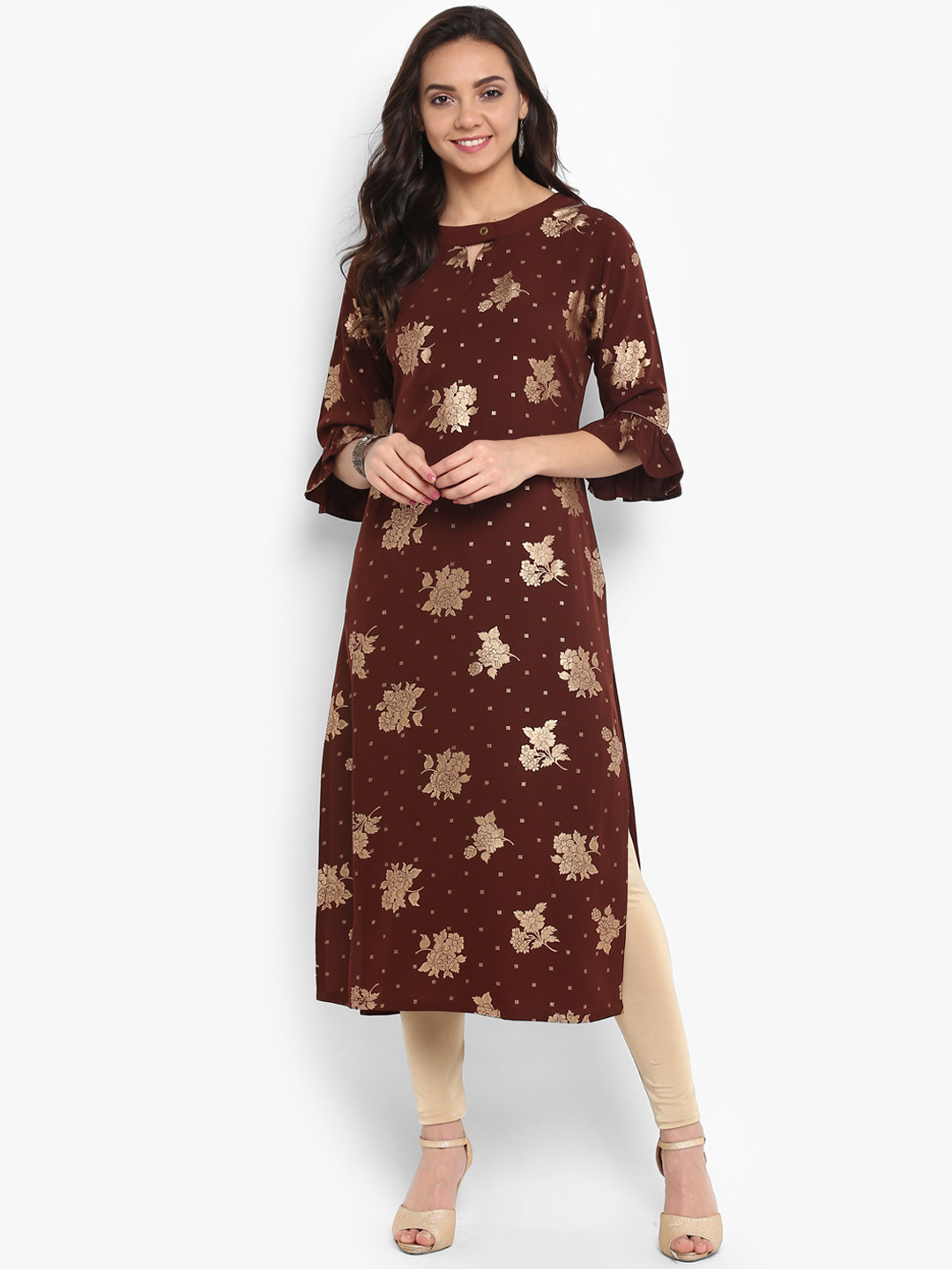 Buy Janasya Women Maroon & Gold Coloured Floral Printed Straight Kurta