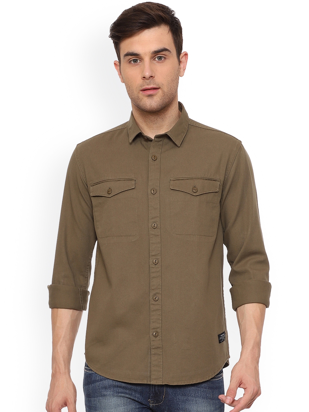 Buy People Men Olive Green Slim Fit Solid Casual Shirt - Shirts for Men ...
