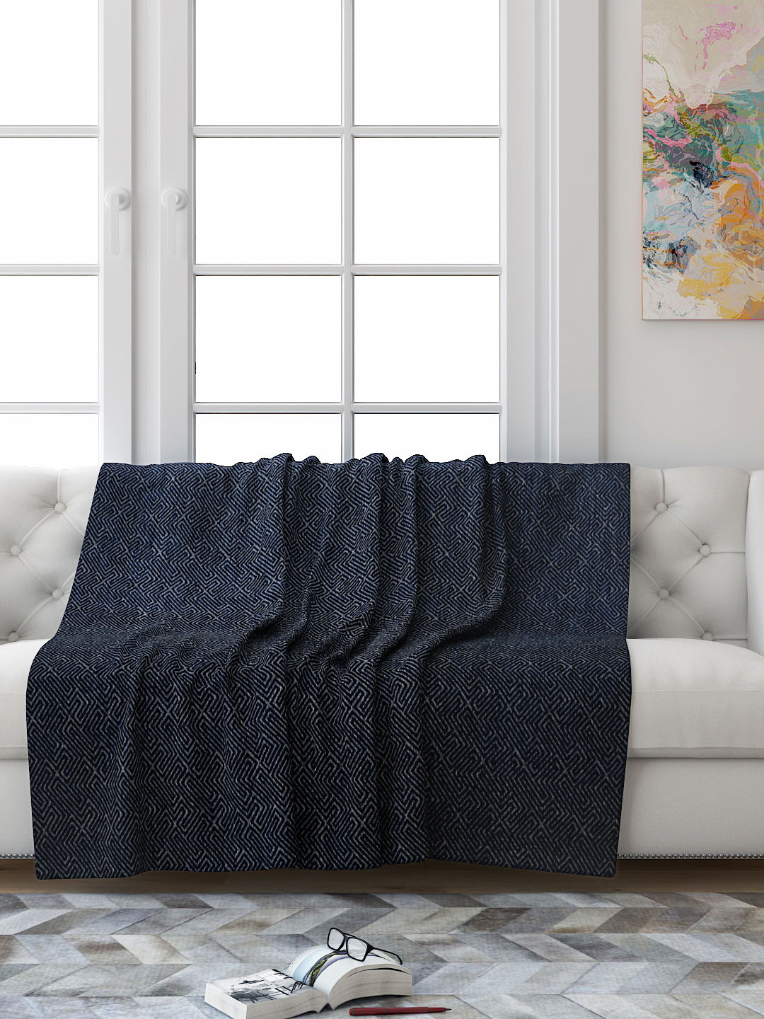 Buy Saral Home Navy Blue Geometric 3 Seater Reversible Sofa Throw