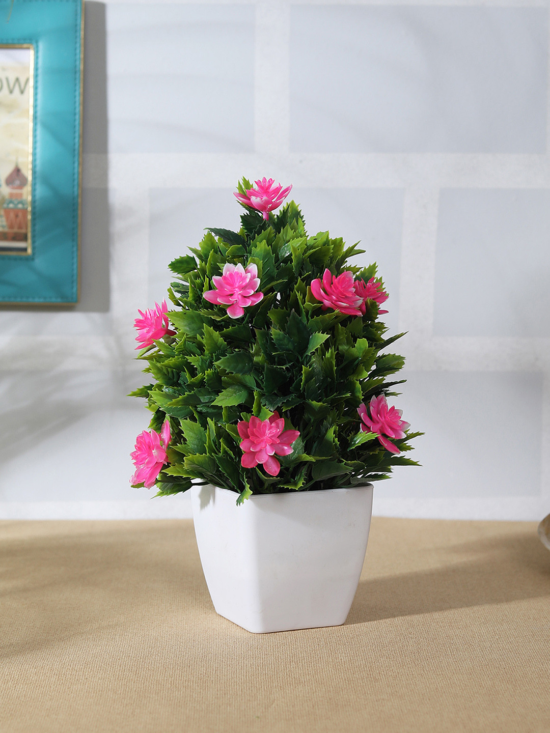Buy FOLIYAJ Green & Pink Artificial Plant With White Pot Artificial Flowers And Plants for