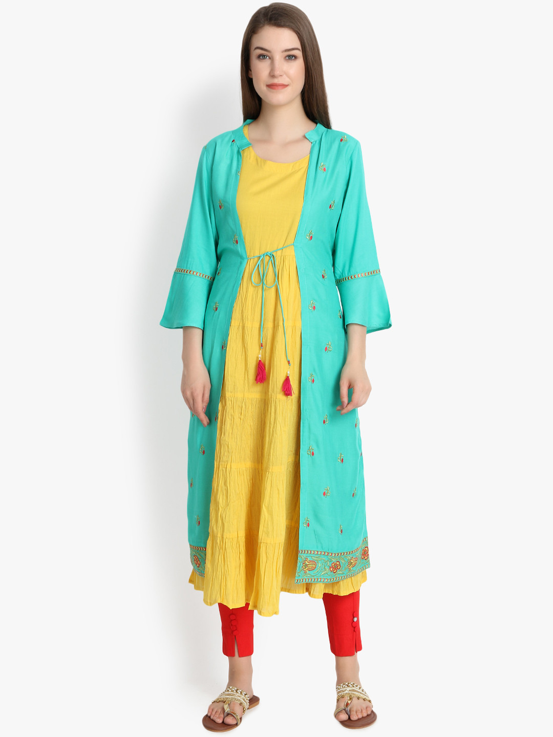 Women Liva Turquoise Blue Placement Print Kurta main image 1