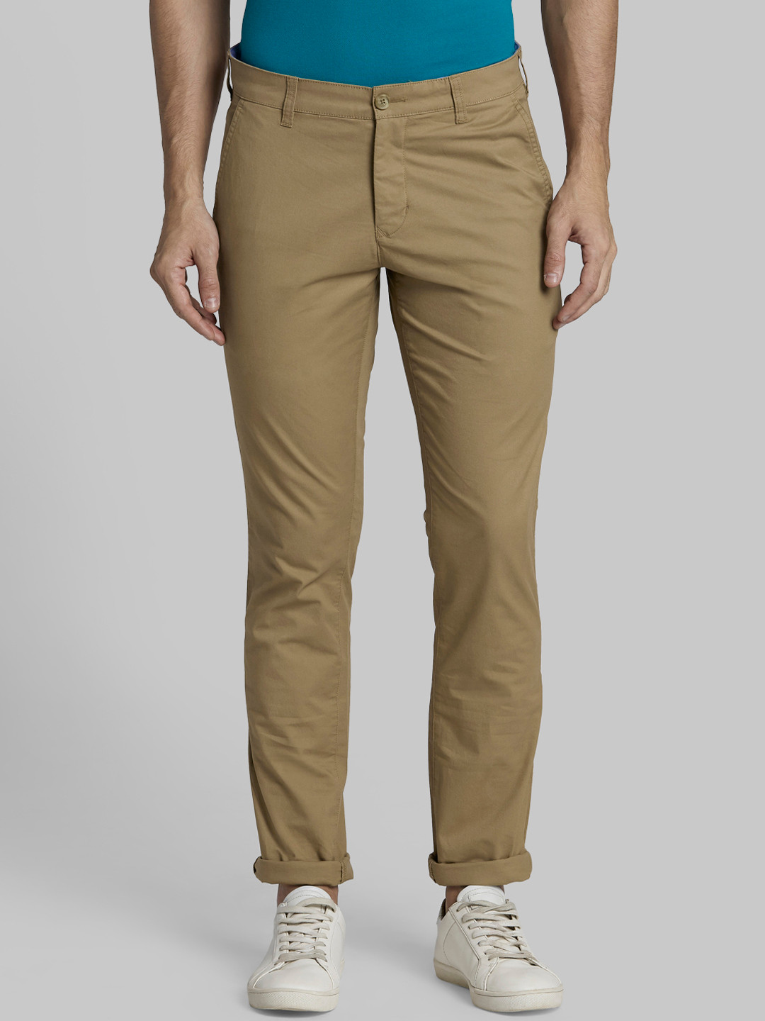 Buy Parx Men Khaki Tapered Fit Solid Regular Trousers - Trousers for ...