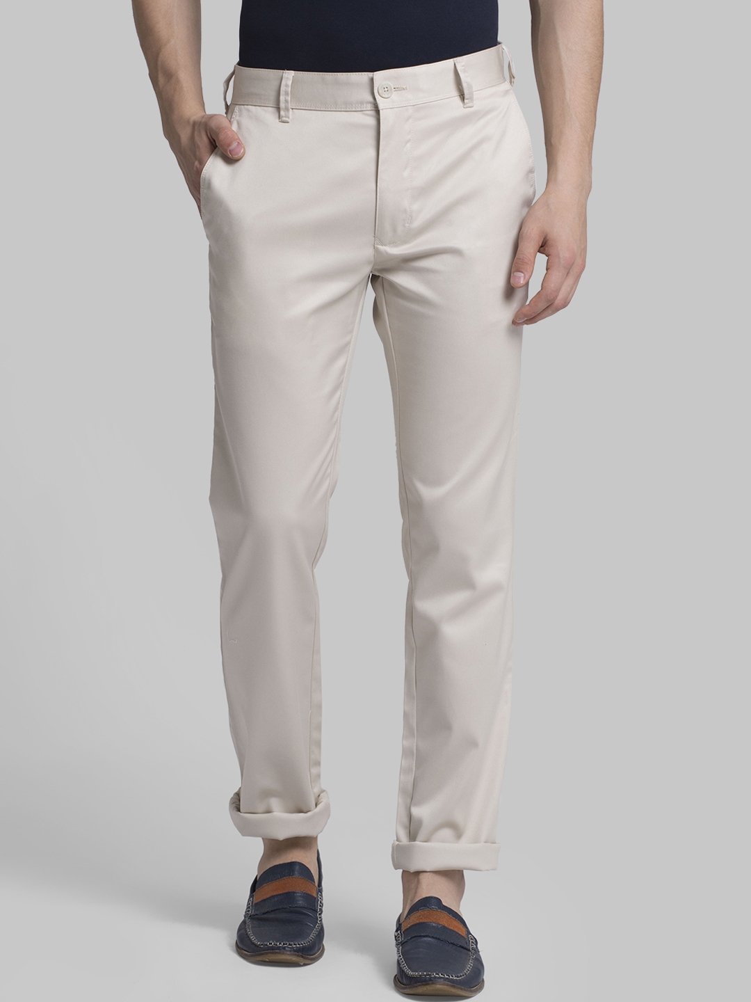 Buy Parx Men Cream Coloured Slim Fit Solid Regular Trousers - Trousers ...