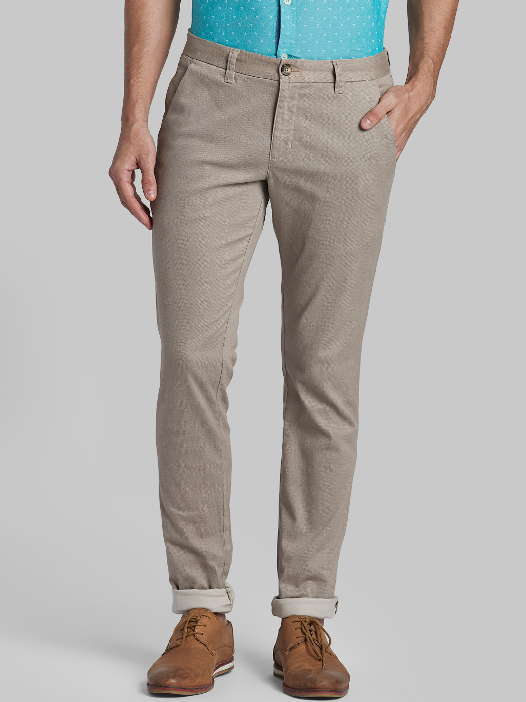 Buy Parx Men Cream Coloured Tapered Fit Solid Regular Trousers ...