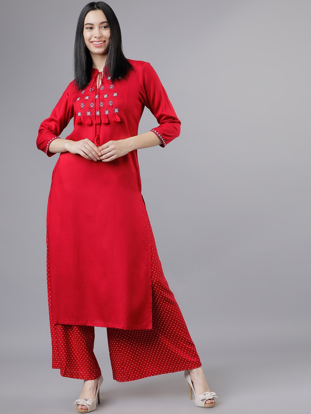 Buy Vishudh Women Red Embroidered Kurta With Palazzos - Kurta Sets for ...