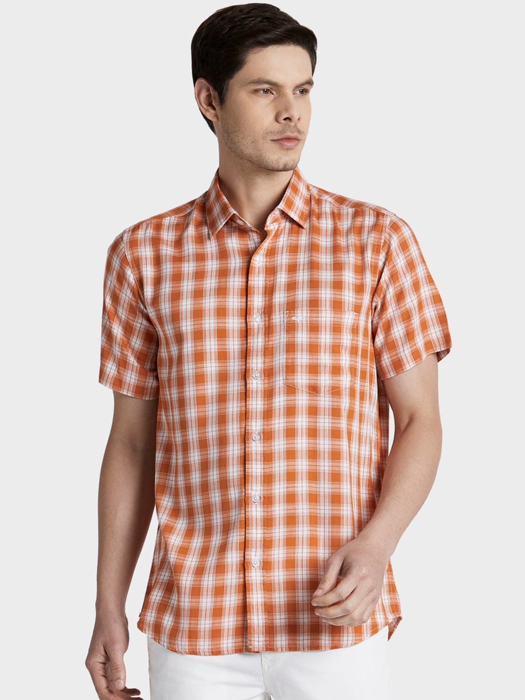 Buy ColorPlus Men Orange Tailored Fit Checked Casual Shirt Shirts for