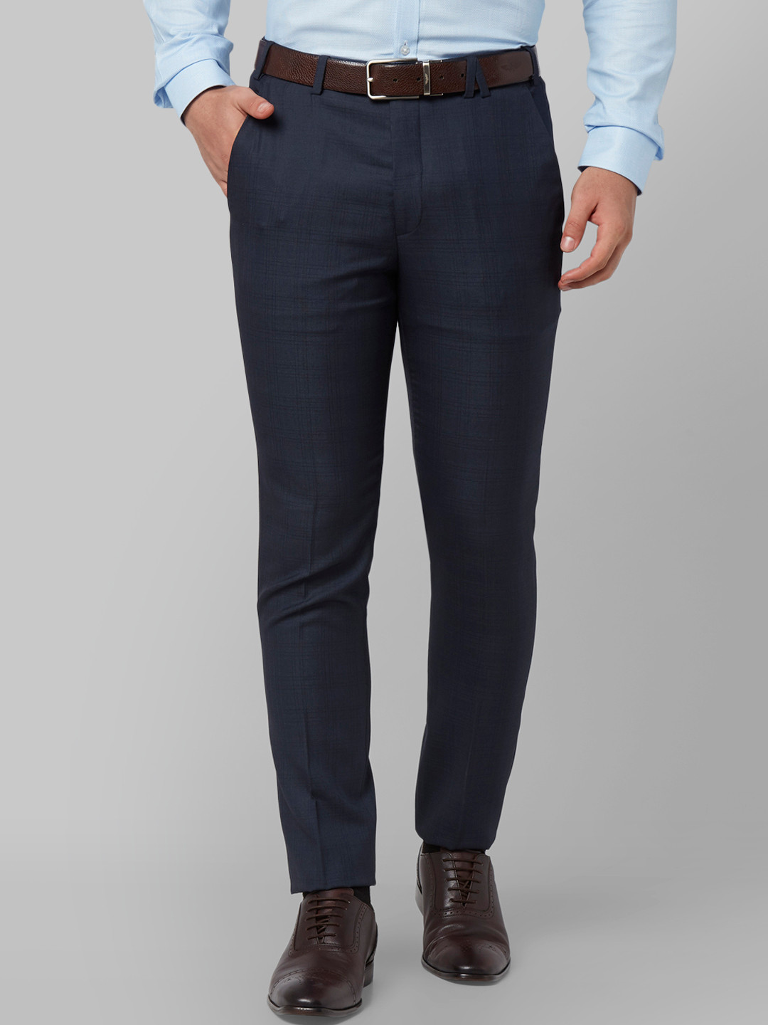Buy Park Avenue Men Navy Blue Regular Fit Checked Formal Trousers ...