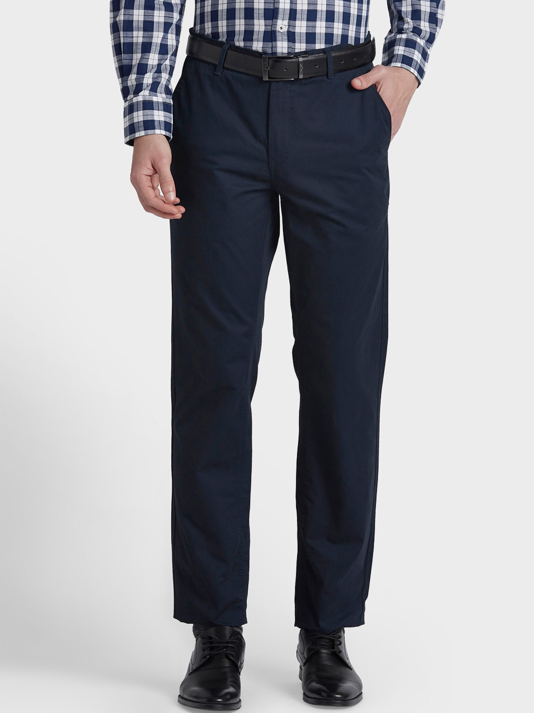 Buy ColorPlus Men Navy Blue Regular Fit Solid Regular Trousers ...