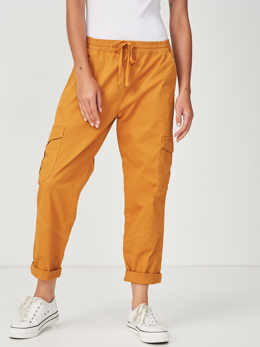Buy COTTON ON Women Mustard Regular Fit Solid Cargos Trousers for