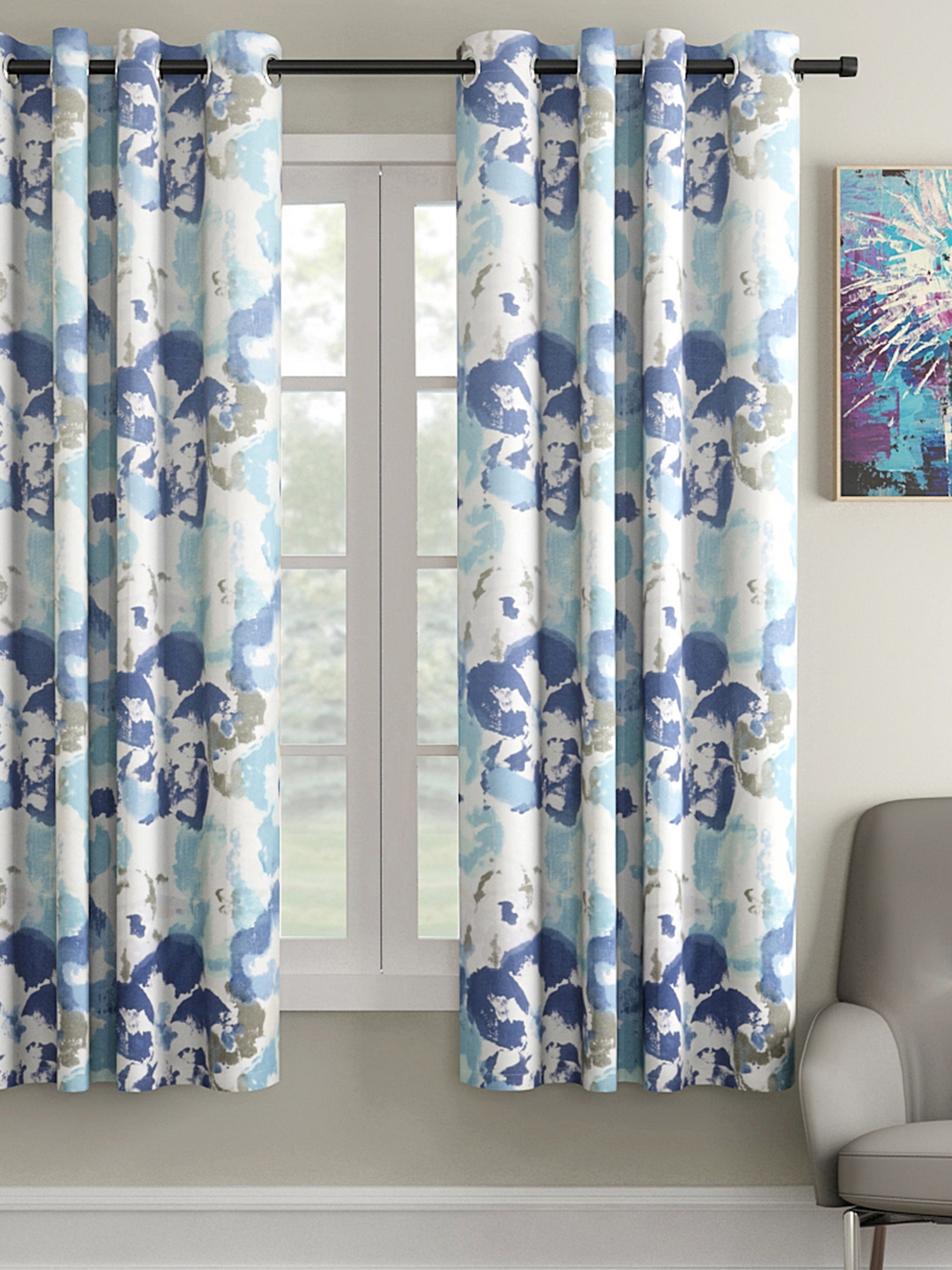Buy Soumya Blue & White Floral Print Single Window Curtain - Curtains