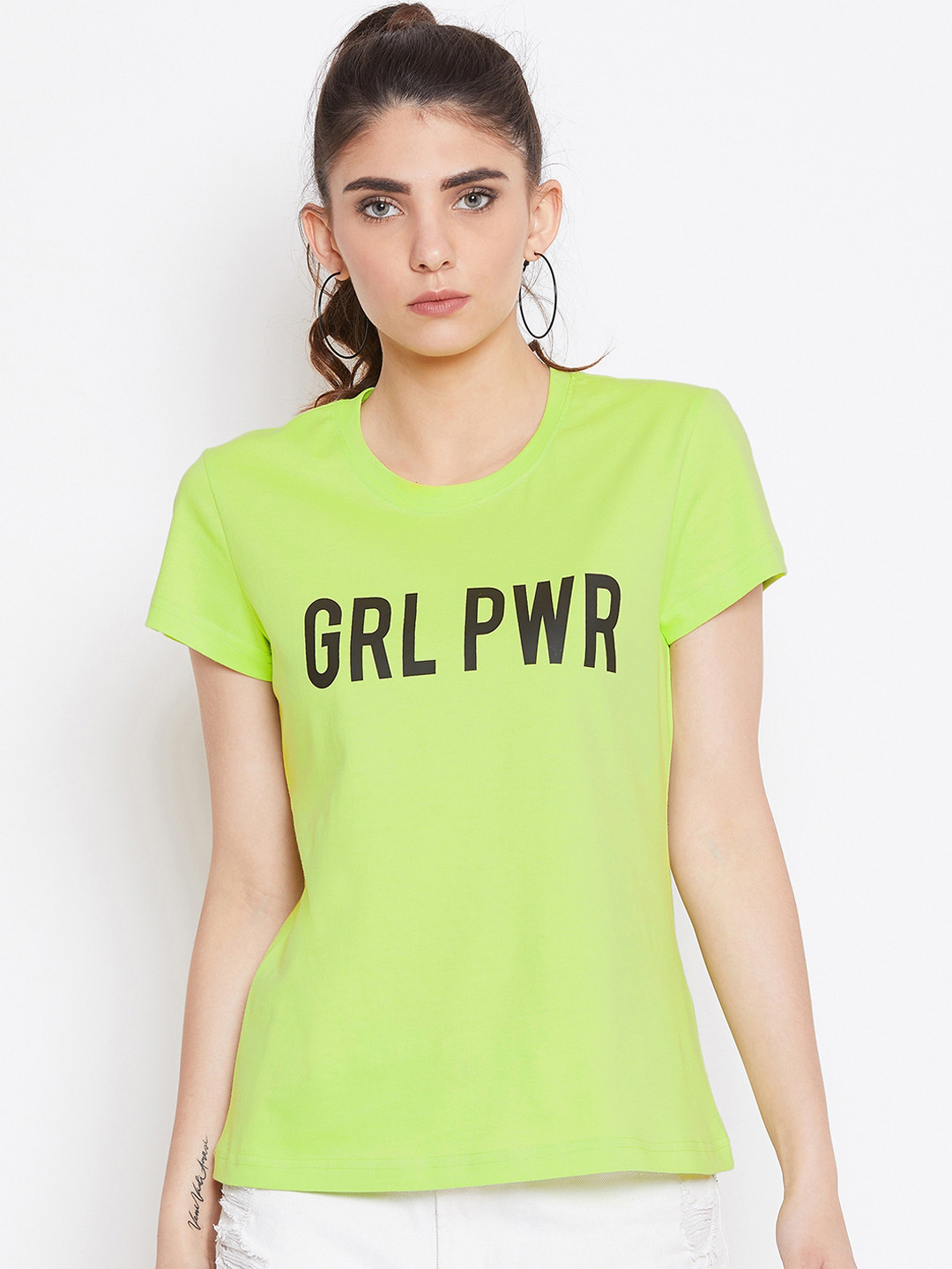 Buy THE SILHOUETTE STORE Women Lime Green Printed Round Neck T Shirt