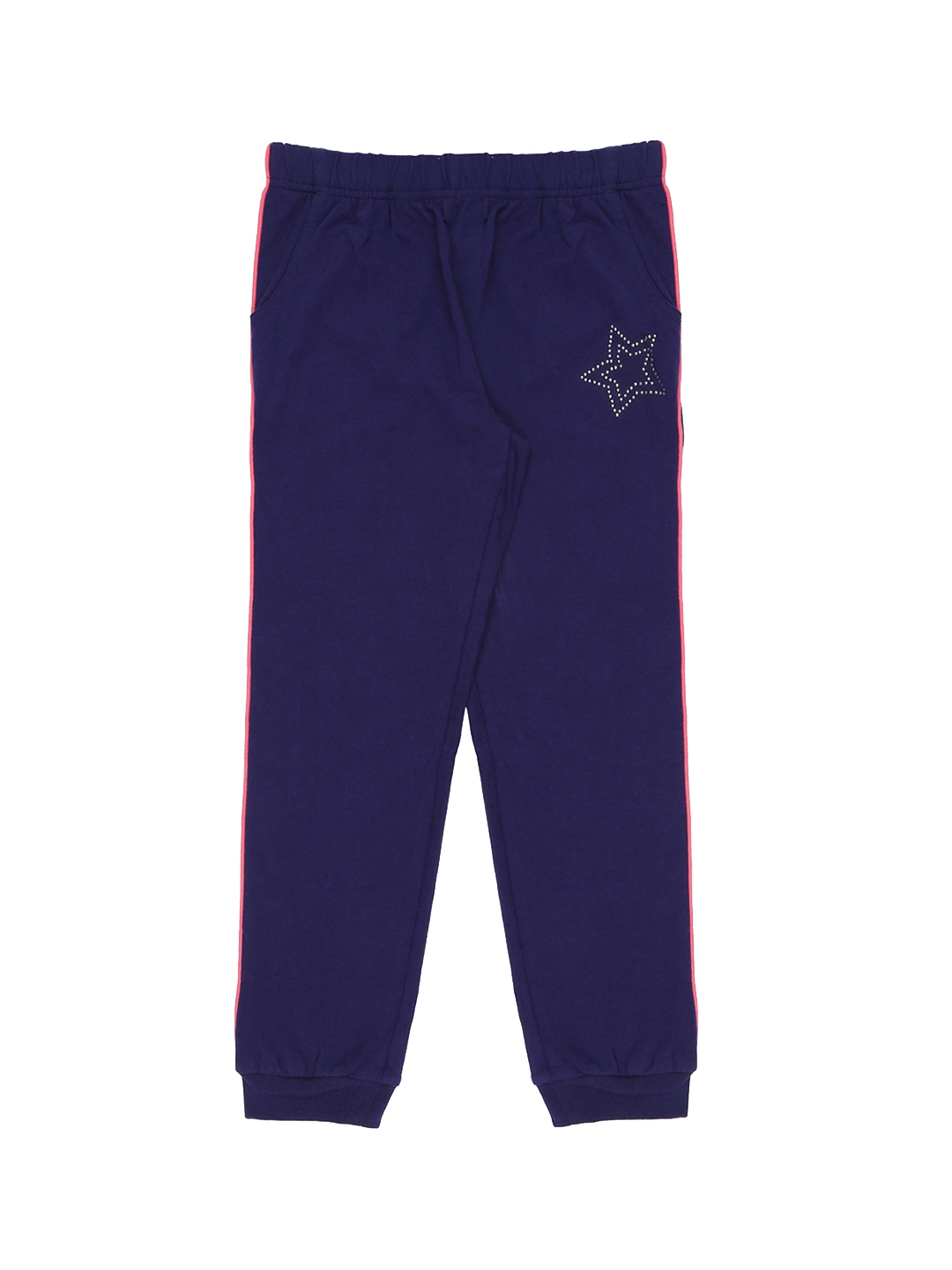 navy blue track pants with red stripe