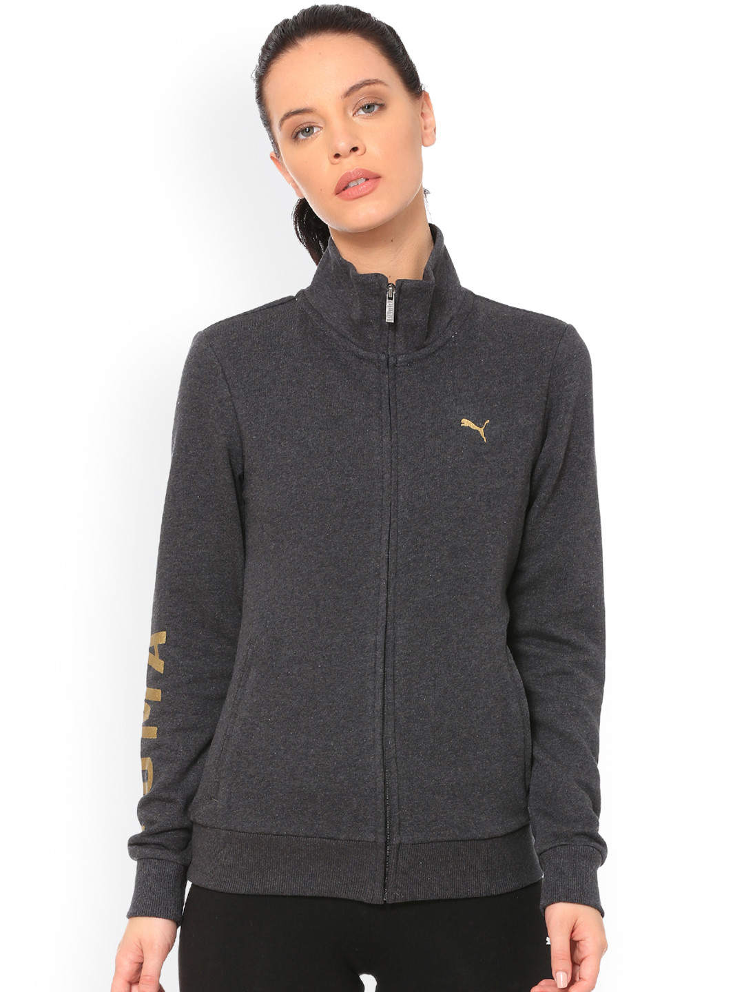 Buy Puma Women Grey Solid Sweat Jacket Wns TR Dark Gray Heather Jacket