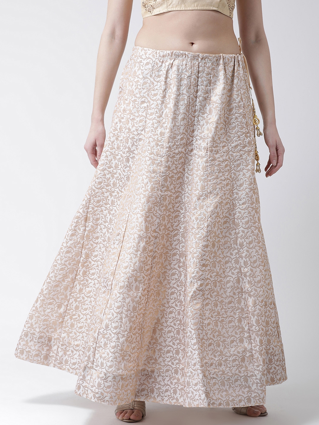 Buy Castle Women Off White & Gold Toned Brocade Flared Maxi Skirt ...