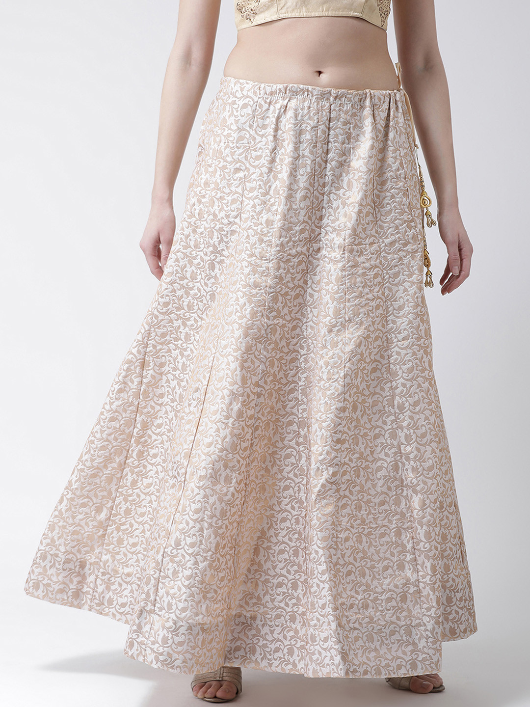 White & Gold Embroidered Flared Skirt