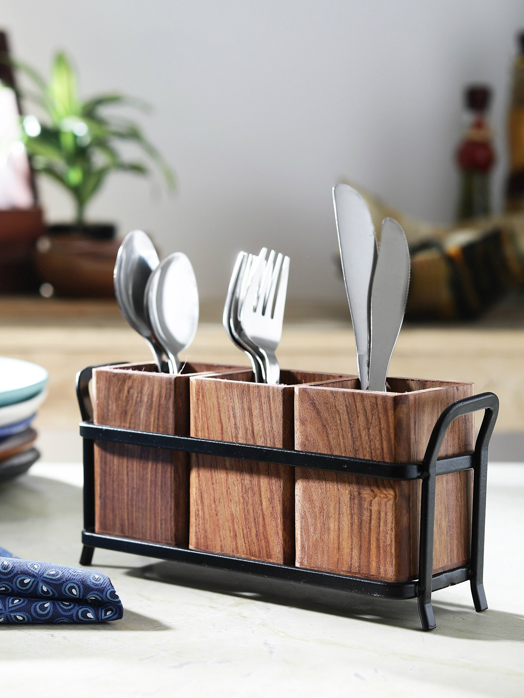 Buy JVS Set Of 3 Brown Wooden Cutlery Holder Cutlery Holder for