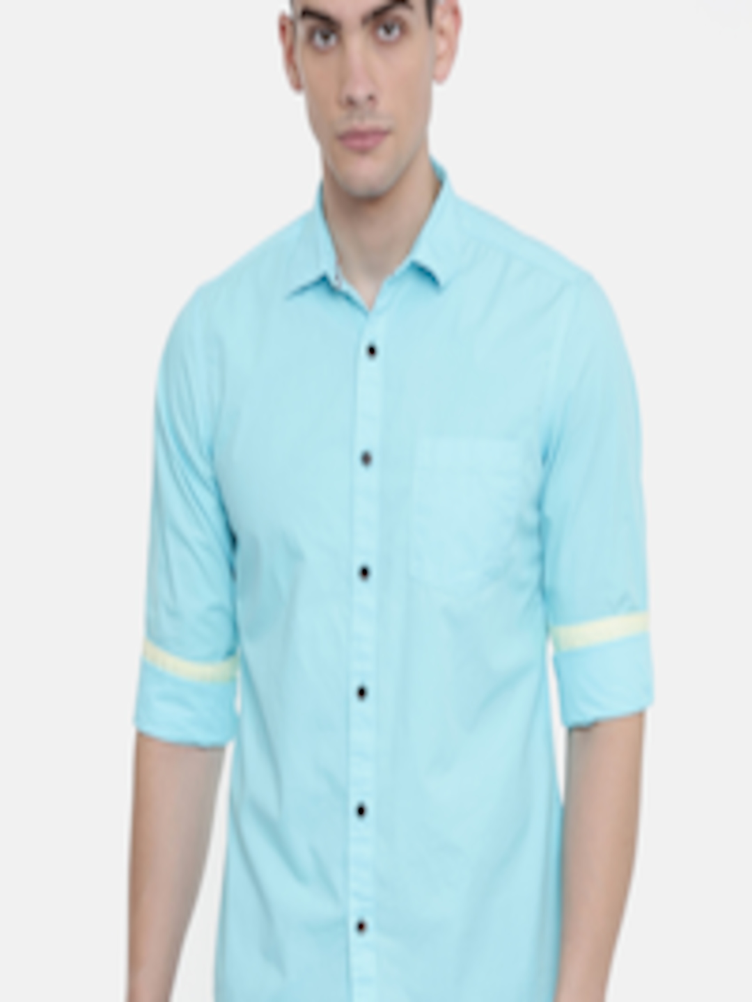 Buy IMYOUNG Men Turquoise Blue Slim Fit Solid Casual Shirt - Shirts for ...