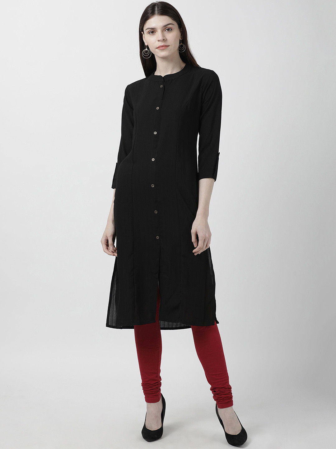 Women's Black Solid Cotton Silk Straight Kurta