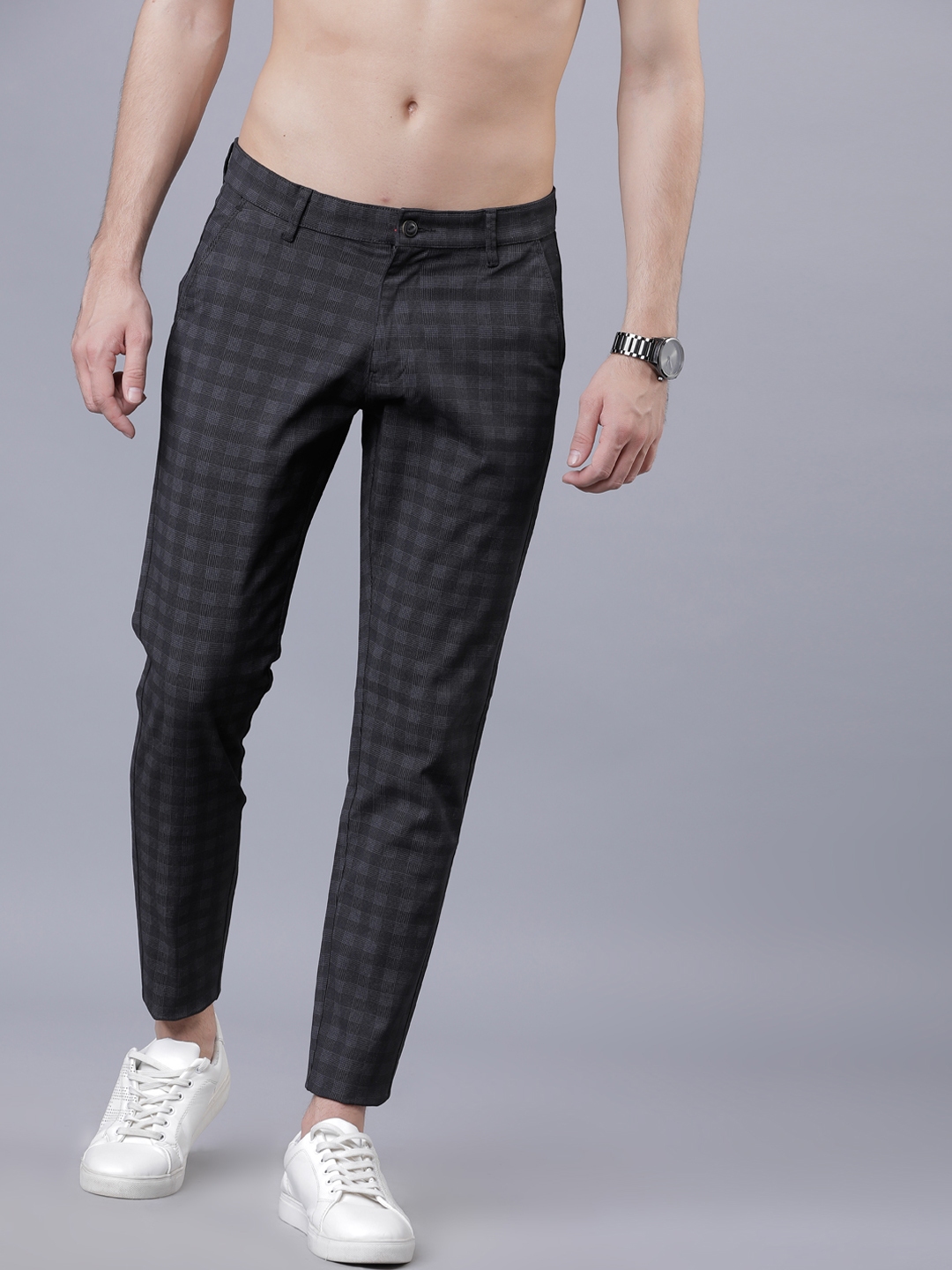 Buy HIGHLANDER Men Black & Grey Slim Fit Checked Regular Trousers ...