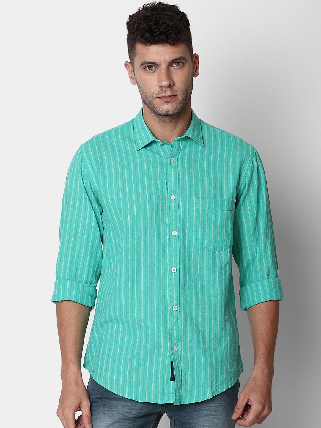 Buy CAVALLO By Linen Club Men Green Linen Cotton Regular Fit Striped ...