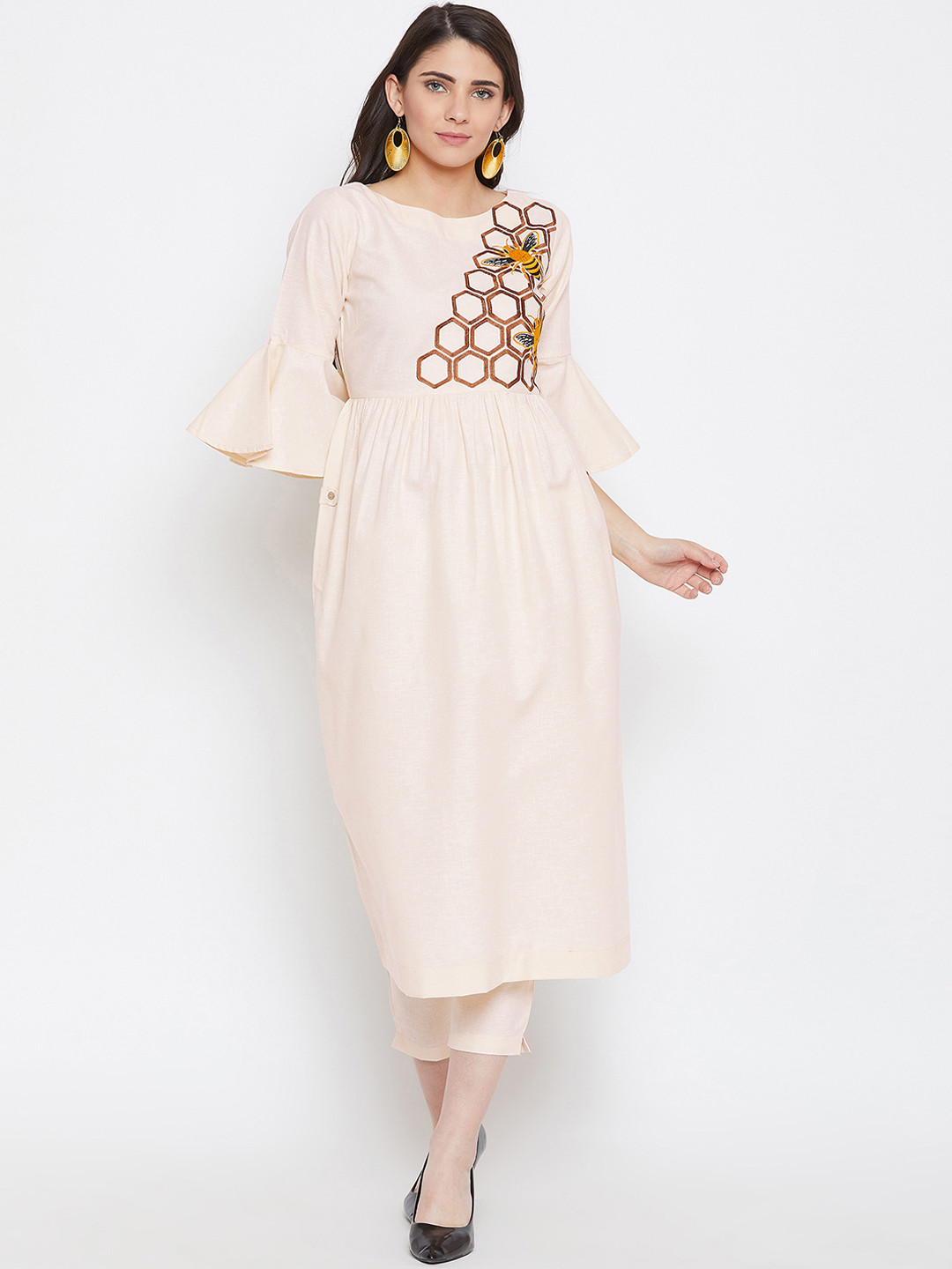 Buy Bitterlime Women Cream Coloured Embroidered Kurta With Trousers