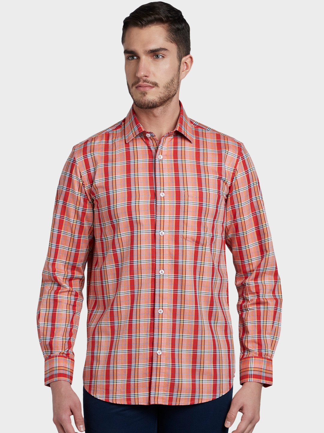 Buy ColorPlus Men Orange & Red Tailored Fit Checked Casual Shirt