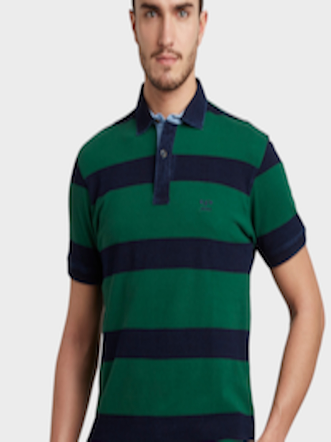 Buy ColorPlus Men Green & Blue Striped Polo Collar T Shirt - Tshirts ...