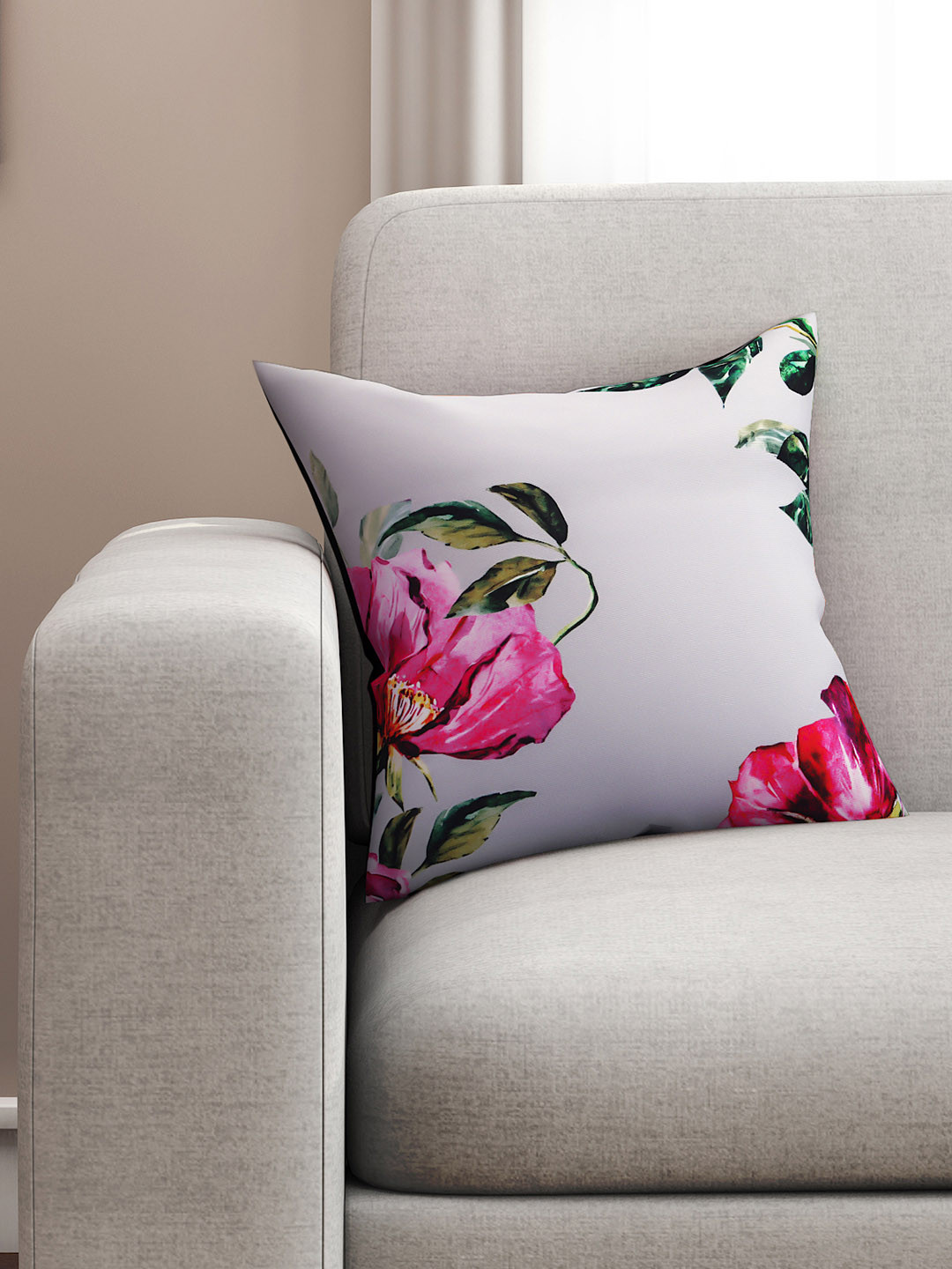 Buy SEJ By Nisha Gupta Grey & Pink Single Floral Square Cushion Cover