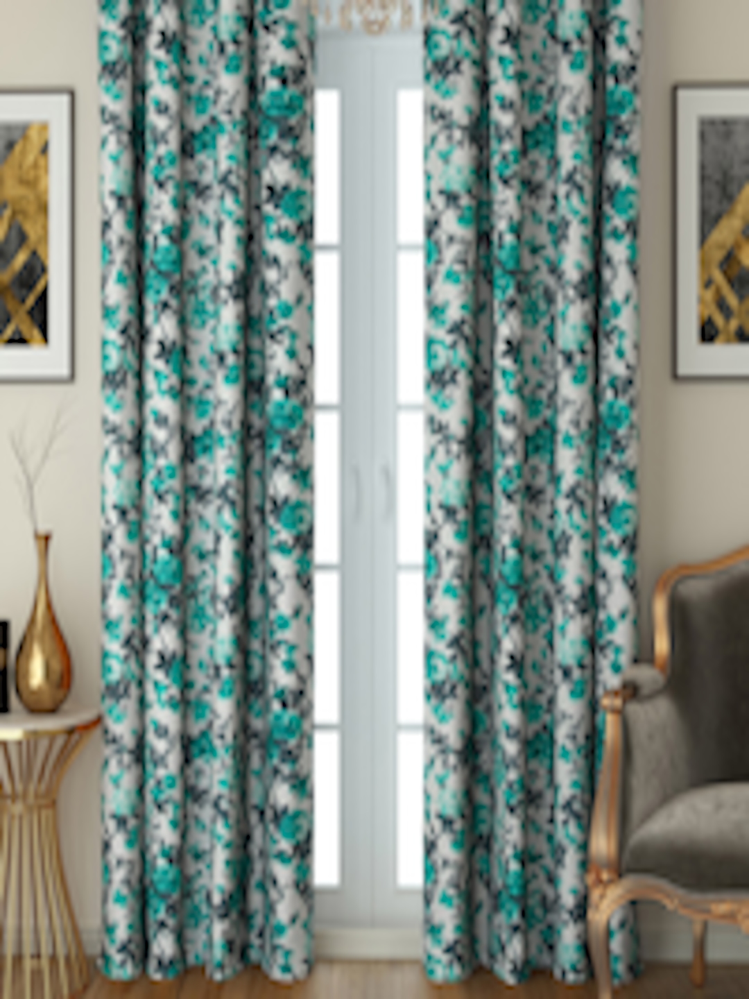 Buy SWAYAM Turquoise Blue & White Set Of 2 Long Door Curtains